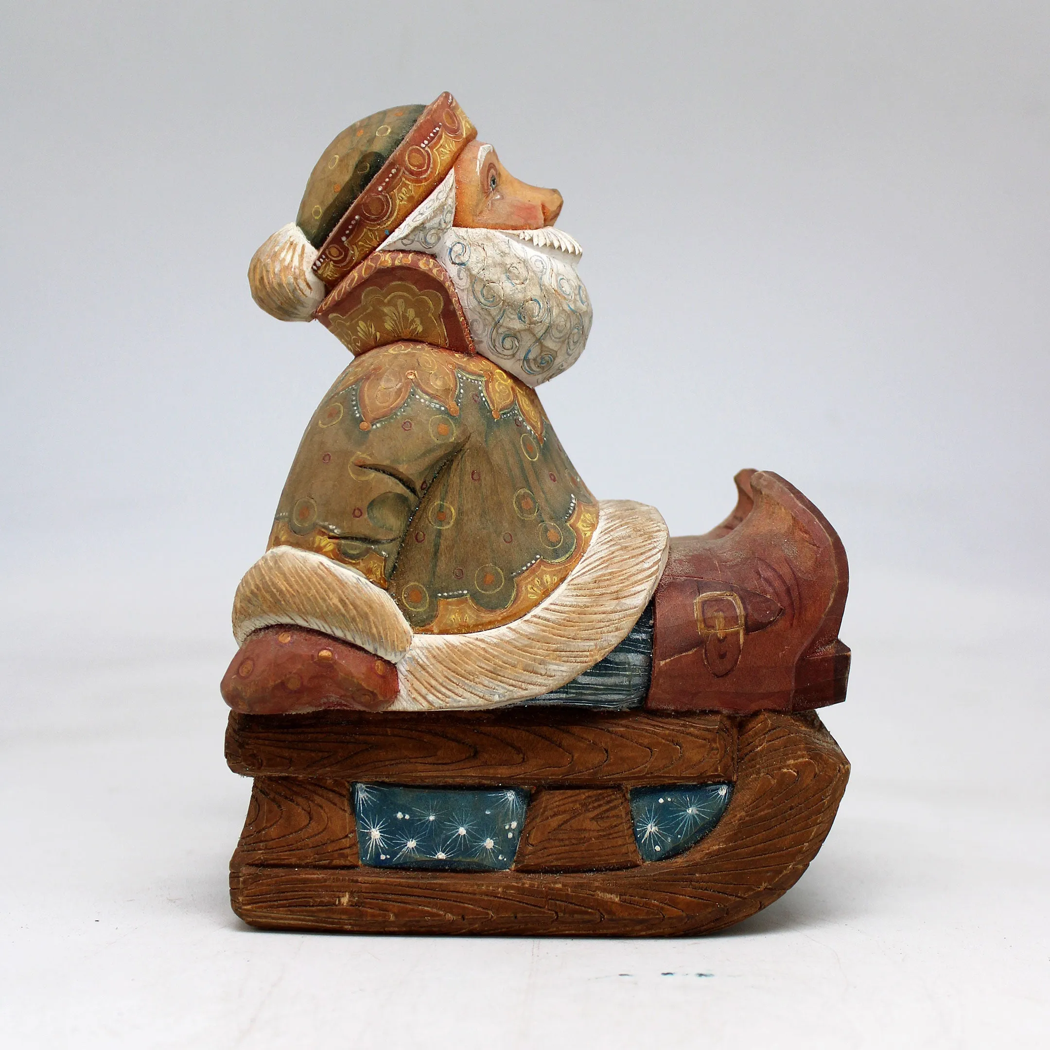 One-of-a-Kind Santa on Sleigh WOODCARVED Figurine 5.5x4x3"  by G.DeBrekht, - Unique Handcarved and Handpainted Collectible