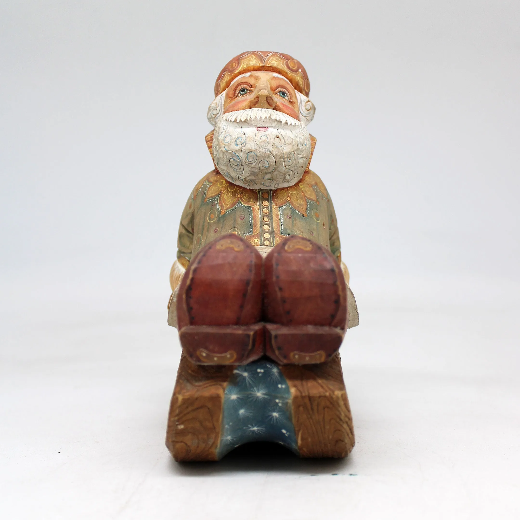 One-of-a-Kind Santa on Sleigh WOODCARVED Figurine 5.5x4x3"  by G.DeBrekht, - Unique Handcarved and Handpainted Collectible