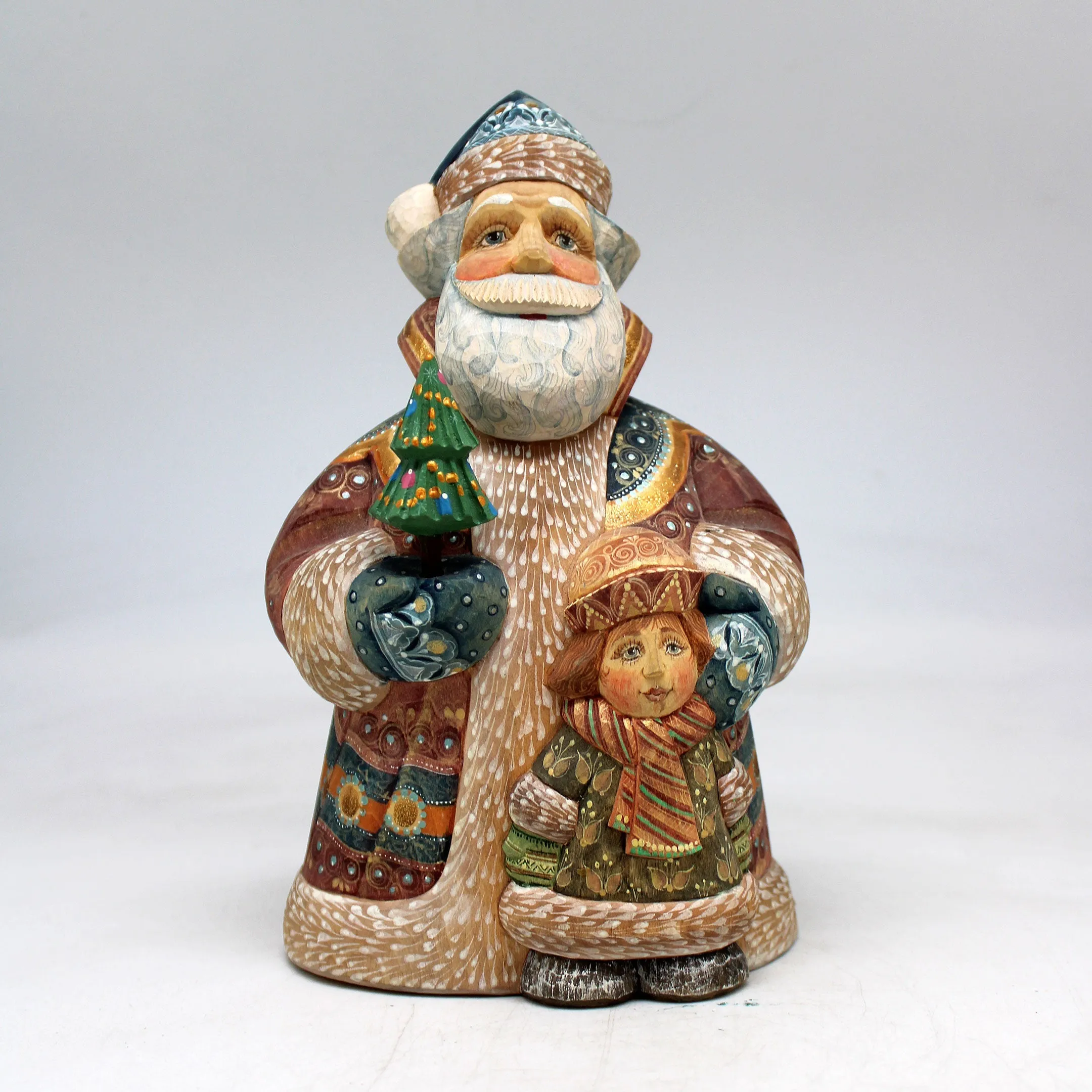 One-of-a-Kind Santa with Boy WOODCARVED Figurine 7x3x4.5"  by G.DeBrekht, - Unique Handcarved and Handpainted Collectible