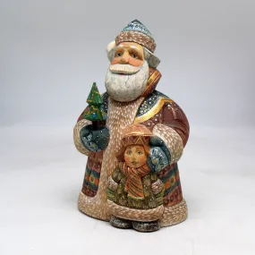 One-of-a-Kind Santa with Boy WOODCARVED Figurine 7x3x4.5"  by G.DeBrekht, - Unique Handcarved and Handpainted Collectible