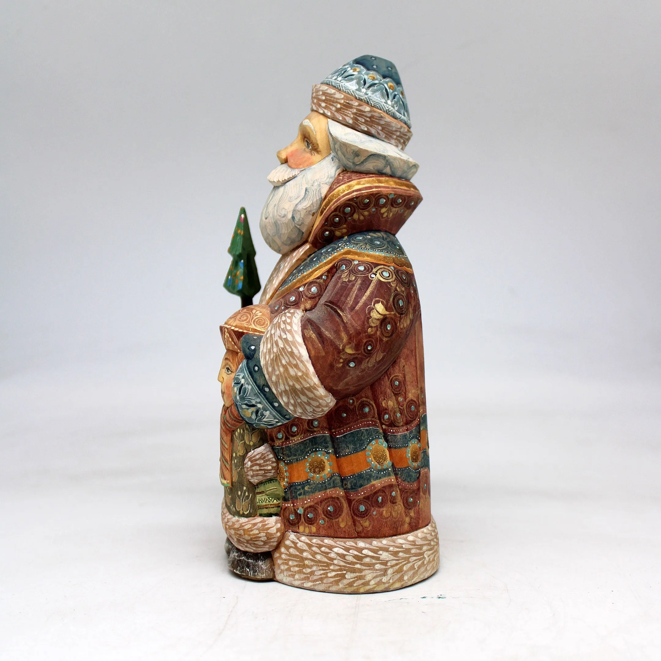 One-of-a-Kind Santa with Boy WOODCARVED Figurine 7x3x4.5"  by G.DeBrekht, - Unique Handcarved and Handpainted Collectible