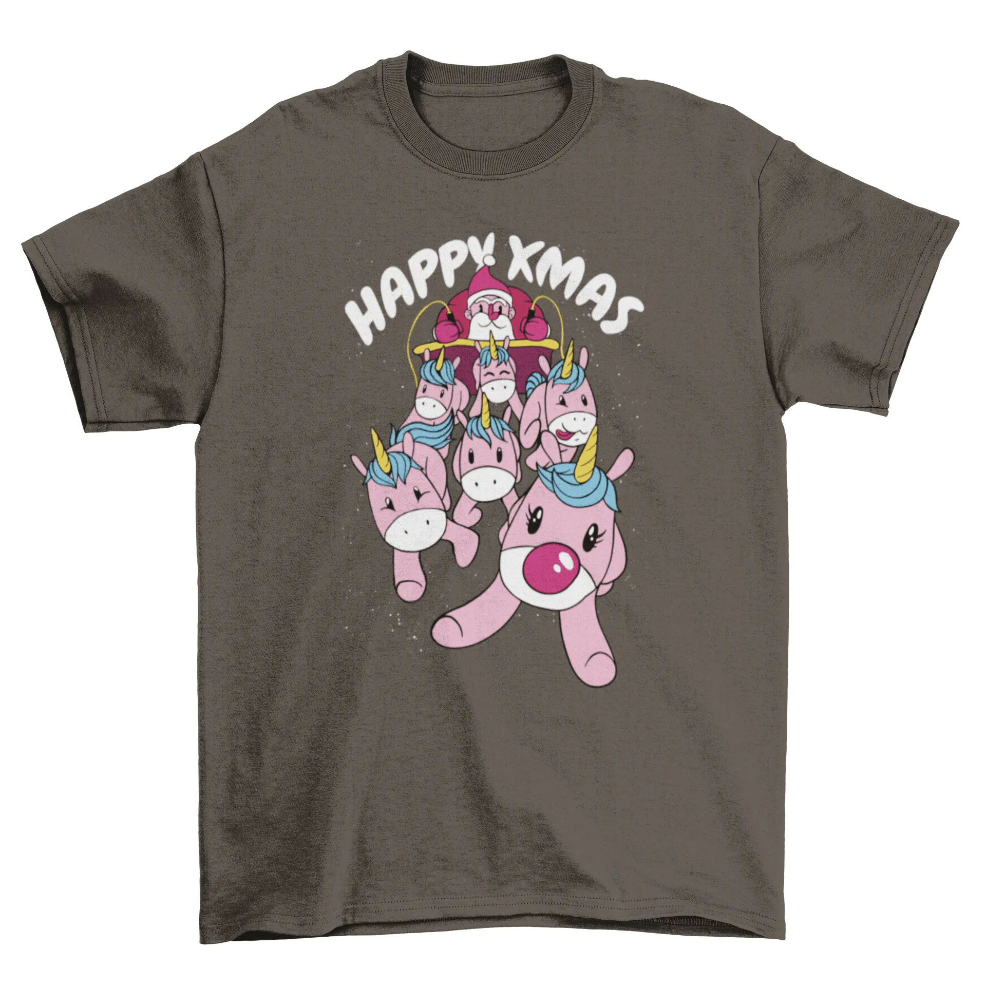 Santa claus with unicorn sled t-shirt
