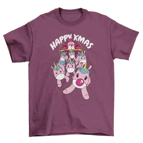 Santa claus with unicorn sled t-shirt