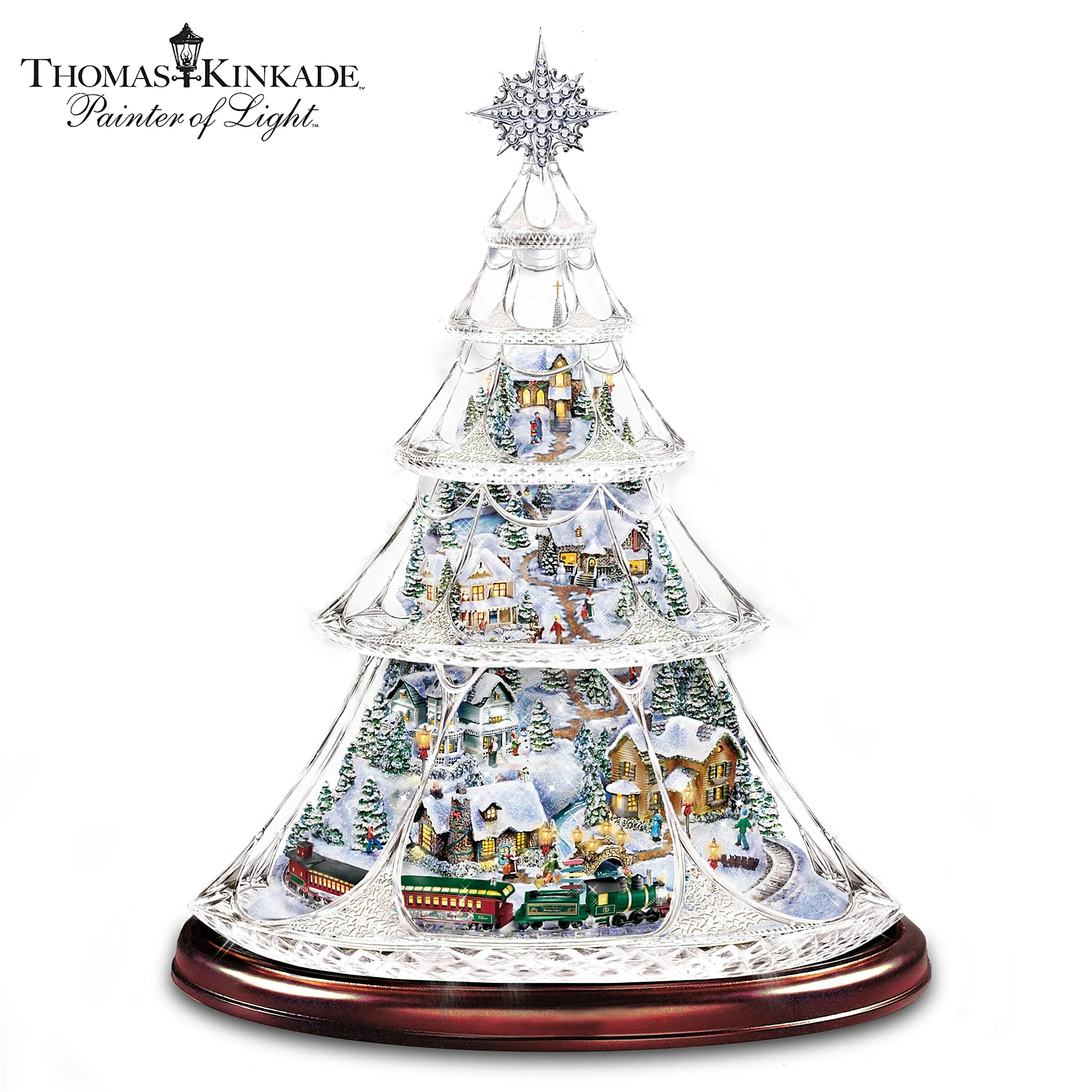 The Bradford Exchange Thomas Kinkade Holiday Reflections Hand Cut Crystal Christmas Tree Decoration With 3D Village Inside and a Miniature Moving Train Plays Medley of Christmas Songs 13.5-Inches