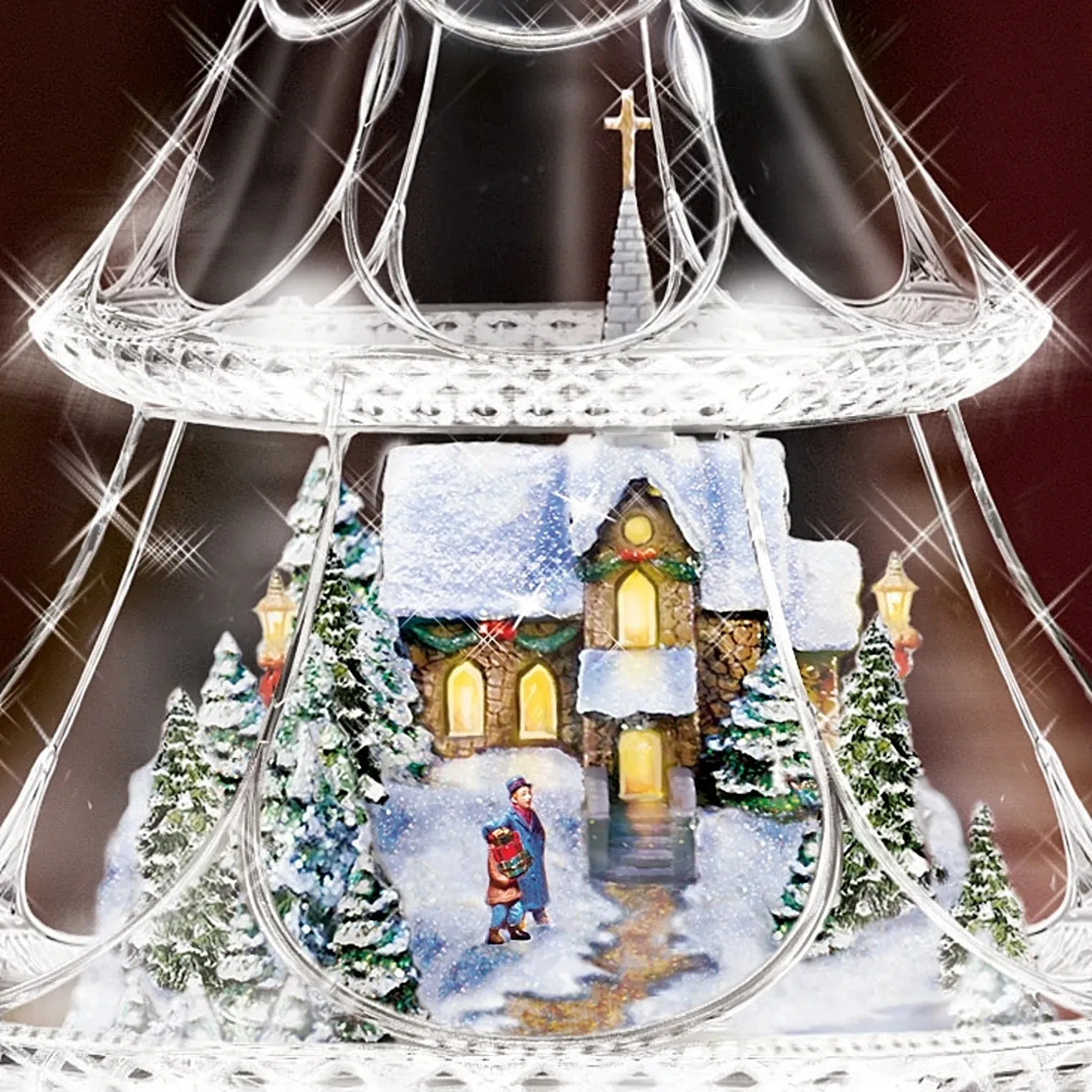 The Bradford Exchange Thomas Kinkade Holiday Reflections Hand Cut Crystal Christmas Tree Decoration With 3D Village Inside and a Miniature Moving Train Plays Medley of Christmas Songs 13.5-Inches