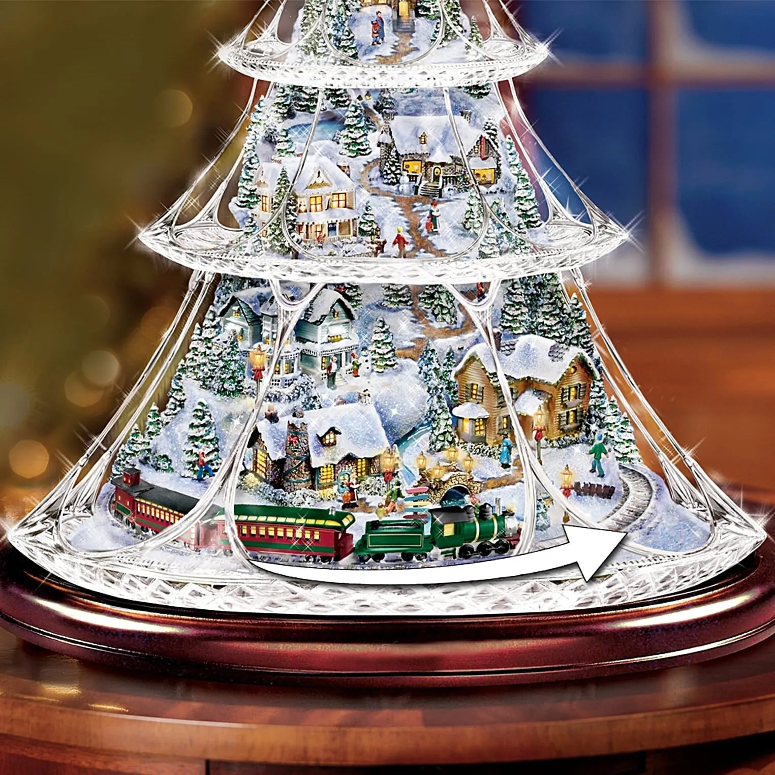 The Bradford Exchange Thomas Kinkade Holiday Reflections Hand Cut Crystal Christmas Tree Decoration With 3D Village Inside and a Miniature Moving Train Plays Medley of Christmas Songs 13.5-Inches