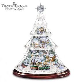The Bradford Exchange Thomas Kinkade Holiday Reflections Hand Cut Crystal Christmas Tree Decoration With 3D Village Inside and a Miniature Moving Train Plays Medley of Christmas Songs 13.5-Inches