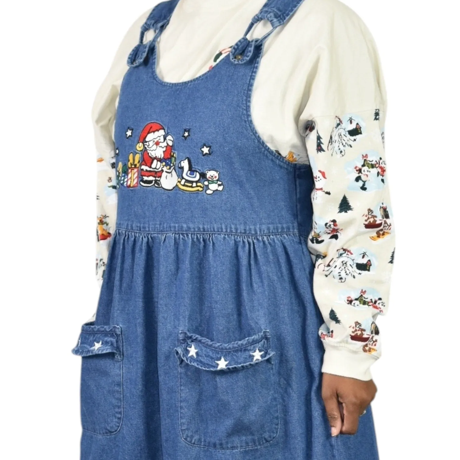 Westbound Vintage Christmas Dress Blue Jean Denim Pinafore Bib Overall Jumper Santa Claus Small