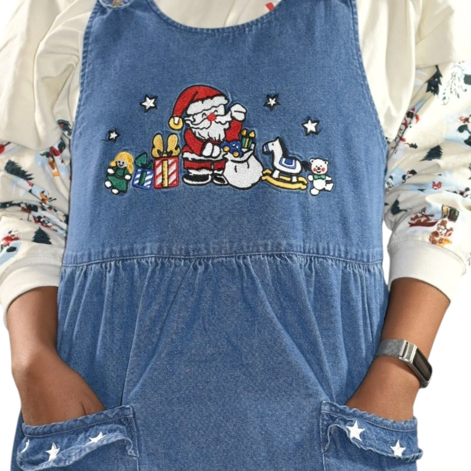 Westbound Vintage Christmas Dress Blue Jean Denim Pinafore Bib Overall Jumper Santa Claus Small