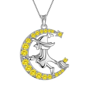 Women Witch Flying Broom Moon Necklace Halloween Jewelry Sterling Silver
