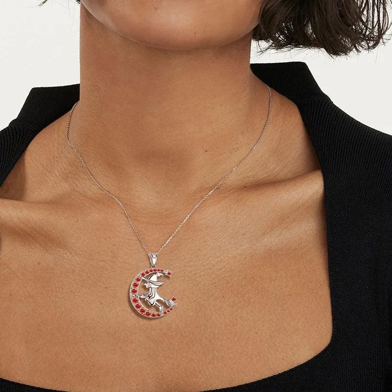 Women Witch Flying Broom Moon Necklace Halloween Jewelry Sterling Silver