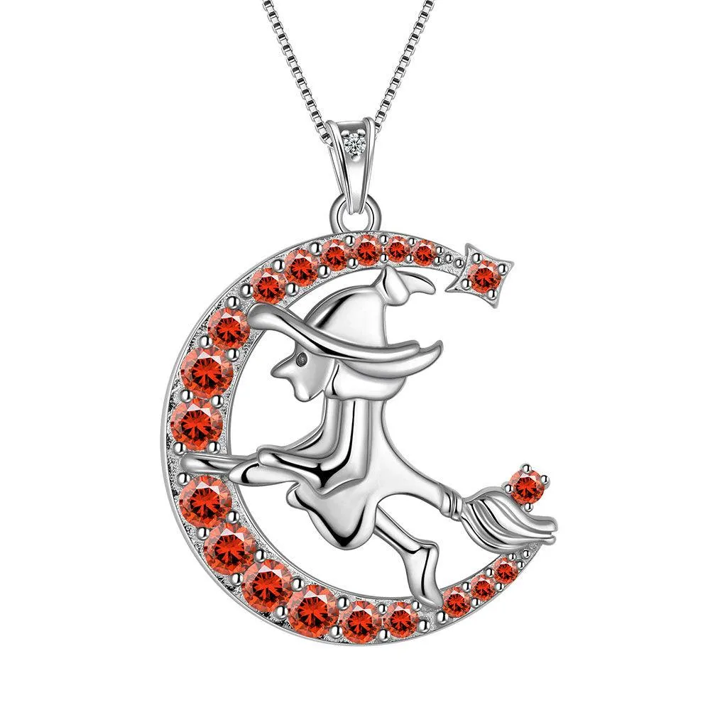 Women Witch Flying Broom Moon Necklace Halloween Jewelry Sterling Silver