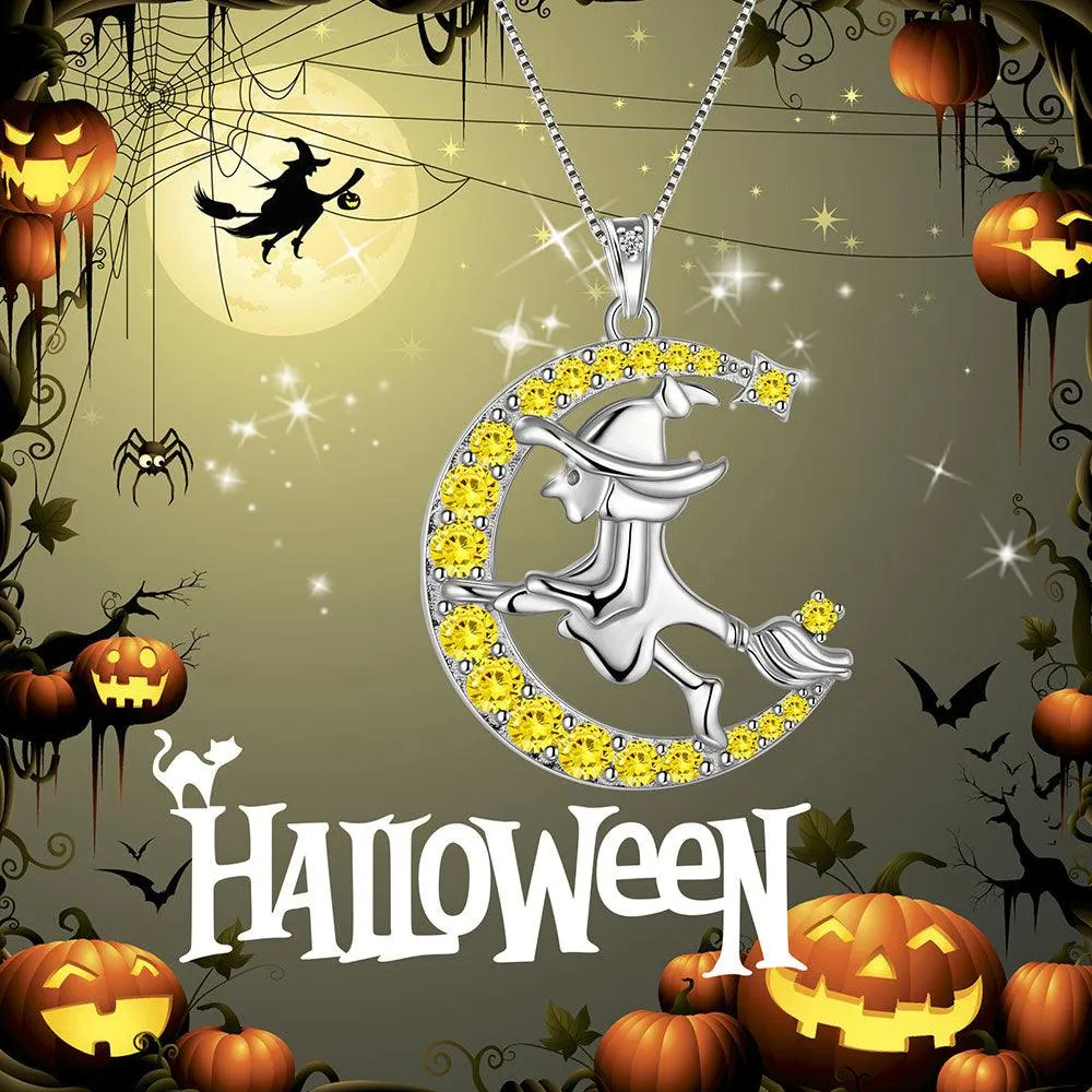 Women Witch Flying Broom Moon Necklace Halloween Jewelry Sterling Silver