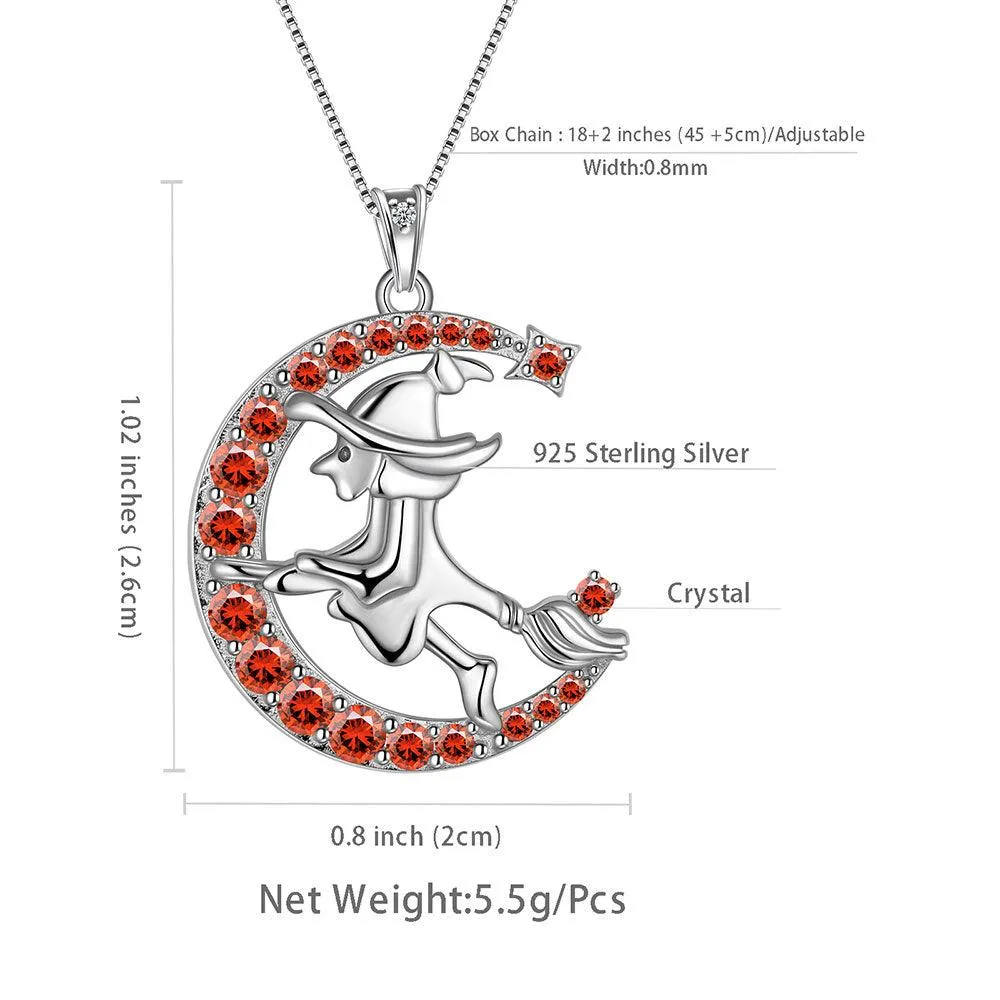 Women Witch Flying Broom Moon Necklace Halloween Jewelry Sterling Silver