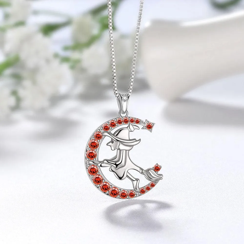 Women Witch Flying Broom Moon Necklace Halloween Jewelry Sterling Silver