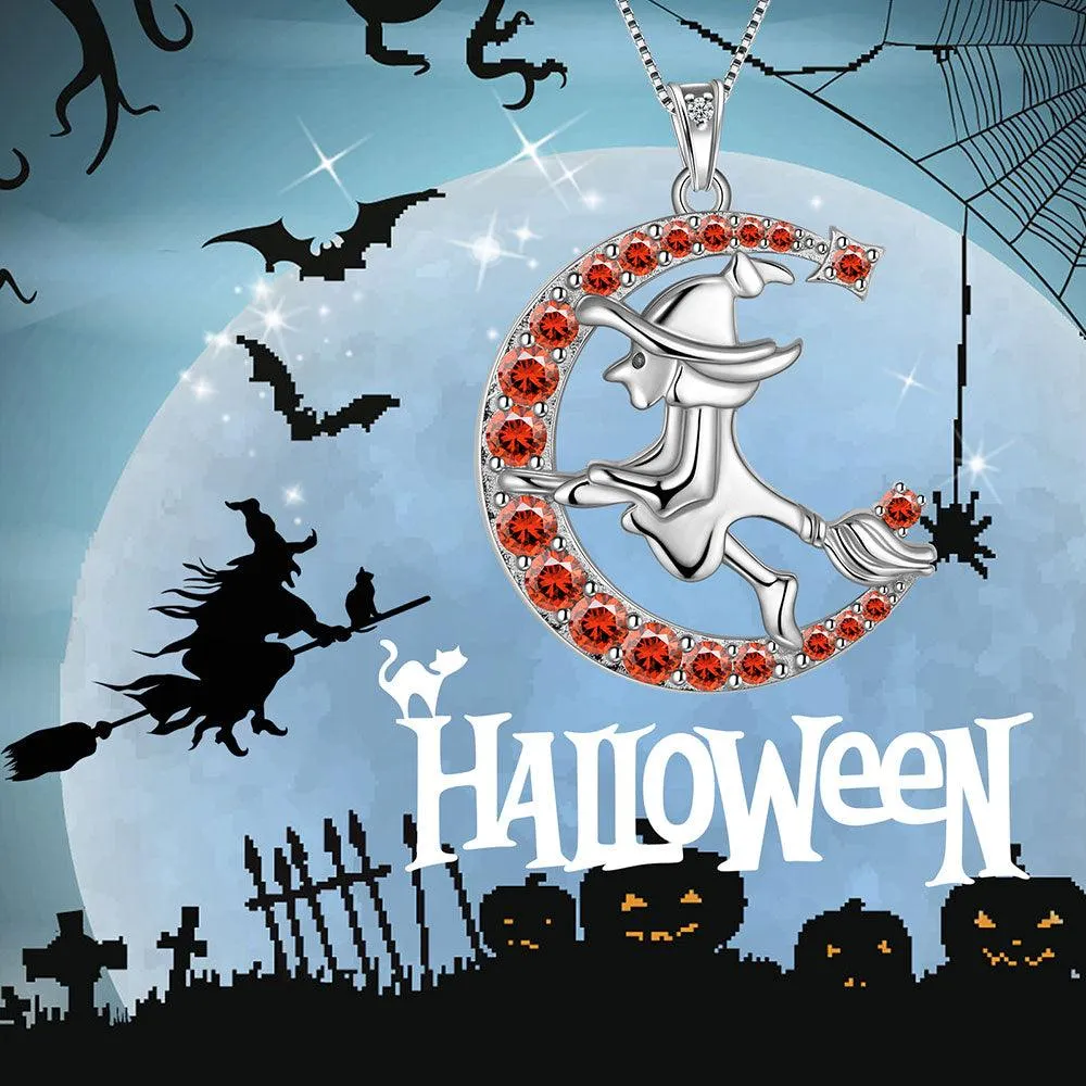 Women Witch Flying Broom Moon Necklace Halloween Jewelry Sterling Silver