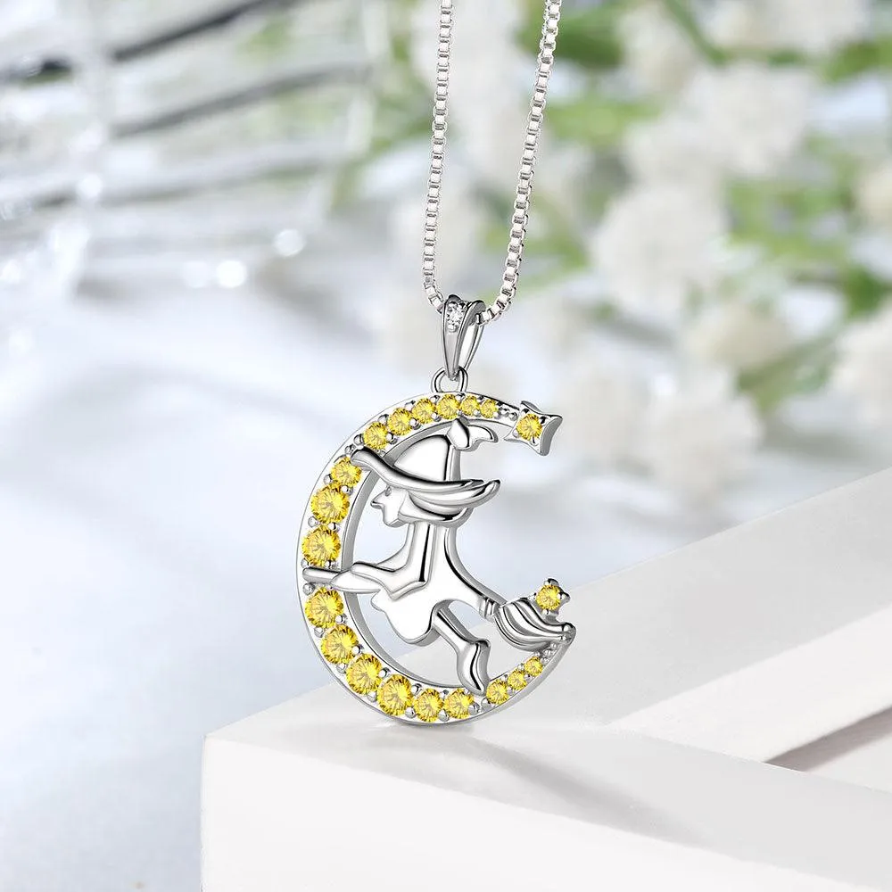 Women Witch Flying Broom Moon Necklace Halloween Jewelry Sterling Silver