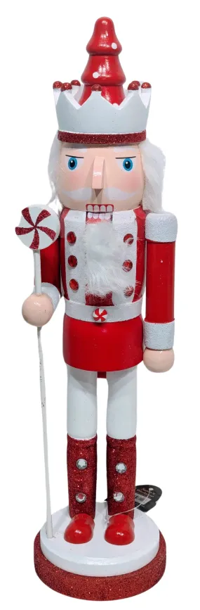 Wooden Red Peppermint Nutcracker Wearing Red & White Crown