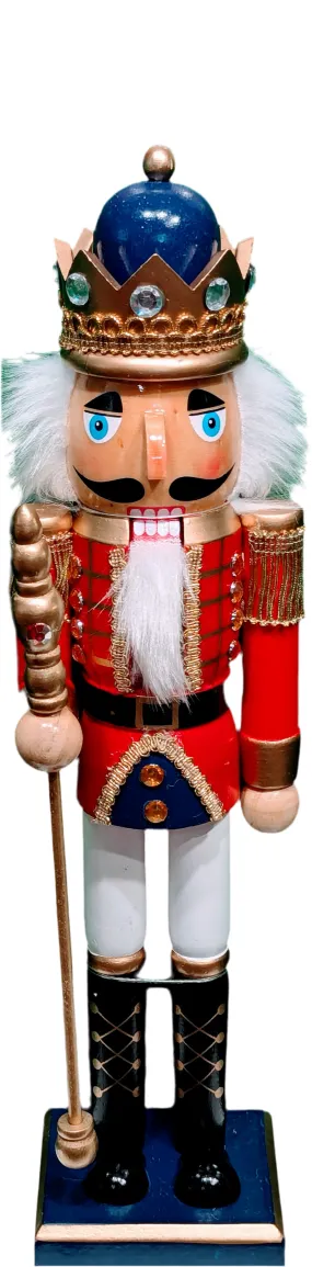 Wooden Red/Blue/Gold Soldier Nutcracker Holding a Staff